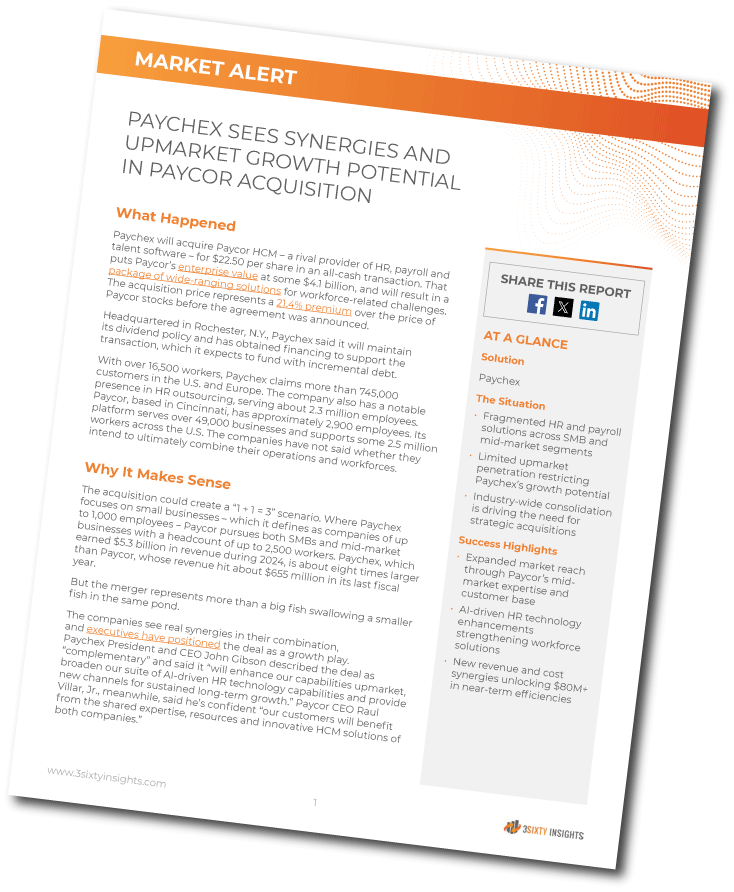 3Sixty Insights - Market Alert - Paychex Sees Synergies and Upmarket Growth Potential in Paycor Acquisition - Thumbnail Angled